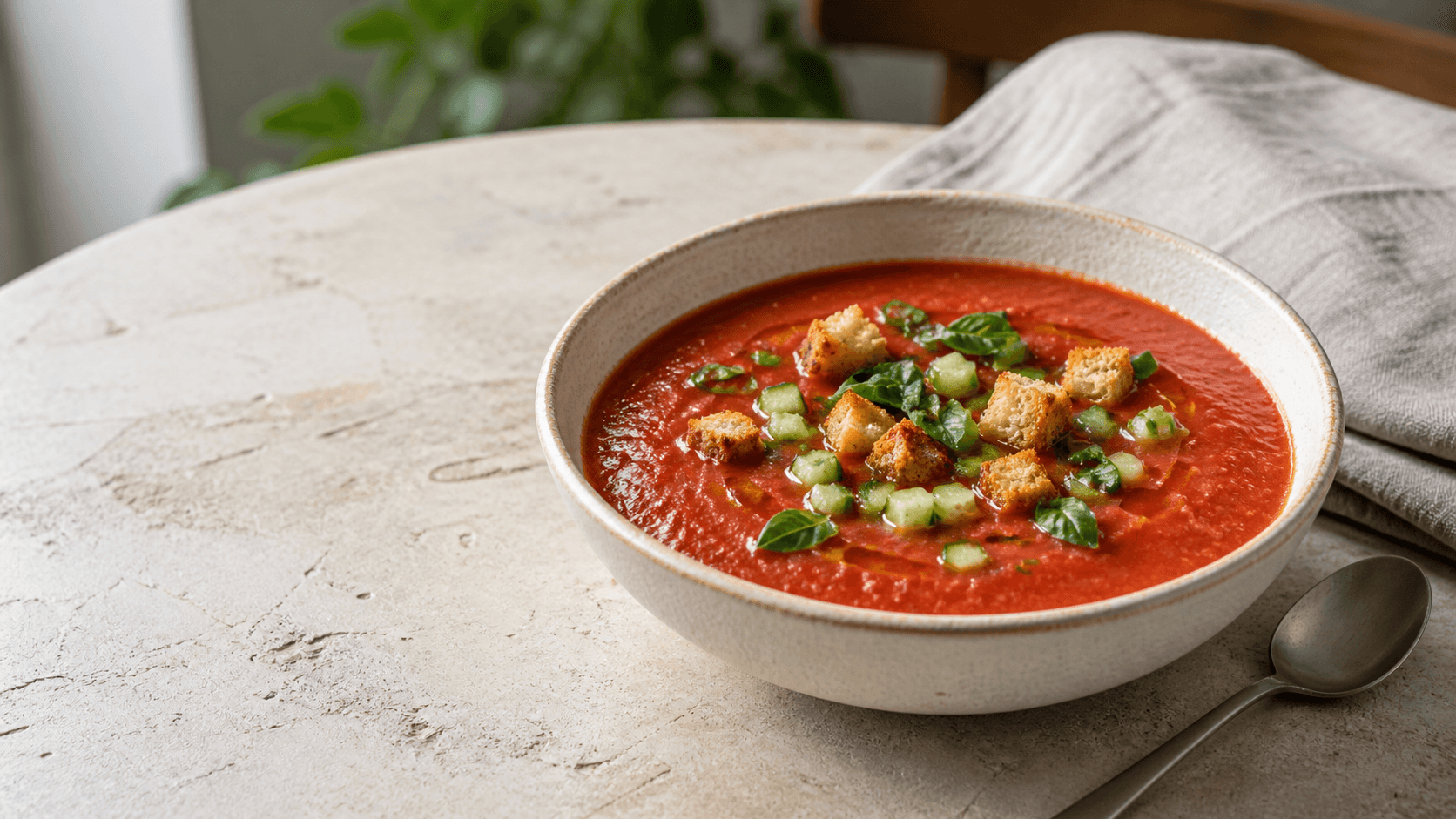 A bowl of vegan tomato gazpacho with cucumber, croutons, and basil