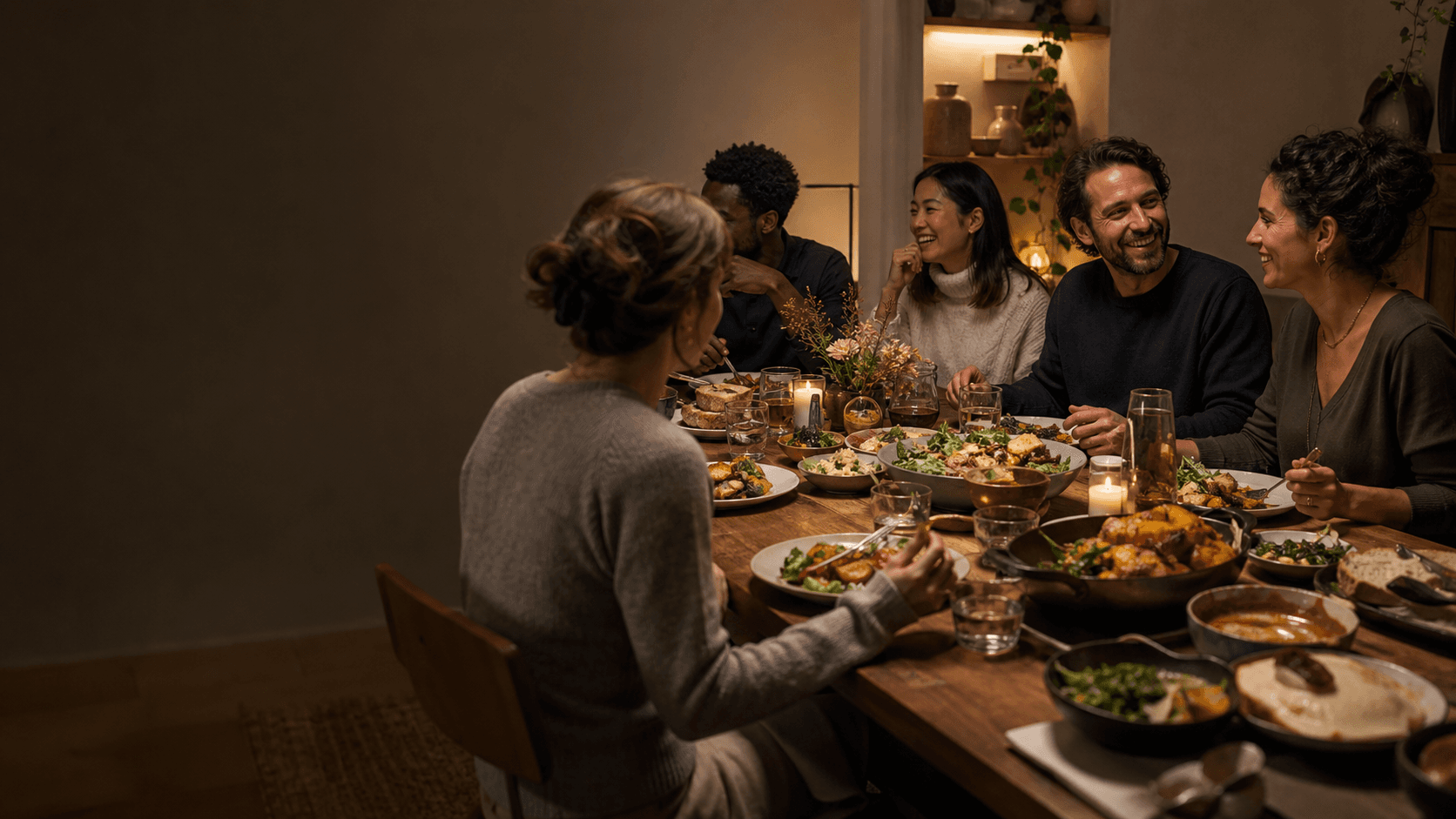 Friends and family sharing a meal around a dinner table